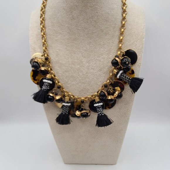J Crew Black Tassel Gold Tone Disk Tortoise Charm Link Necklace - Picture 11 of 11